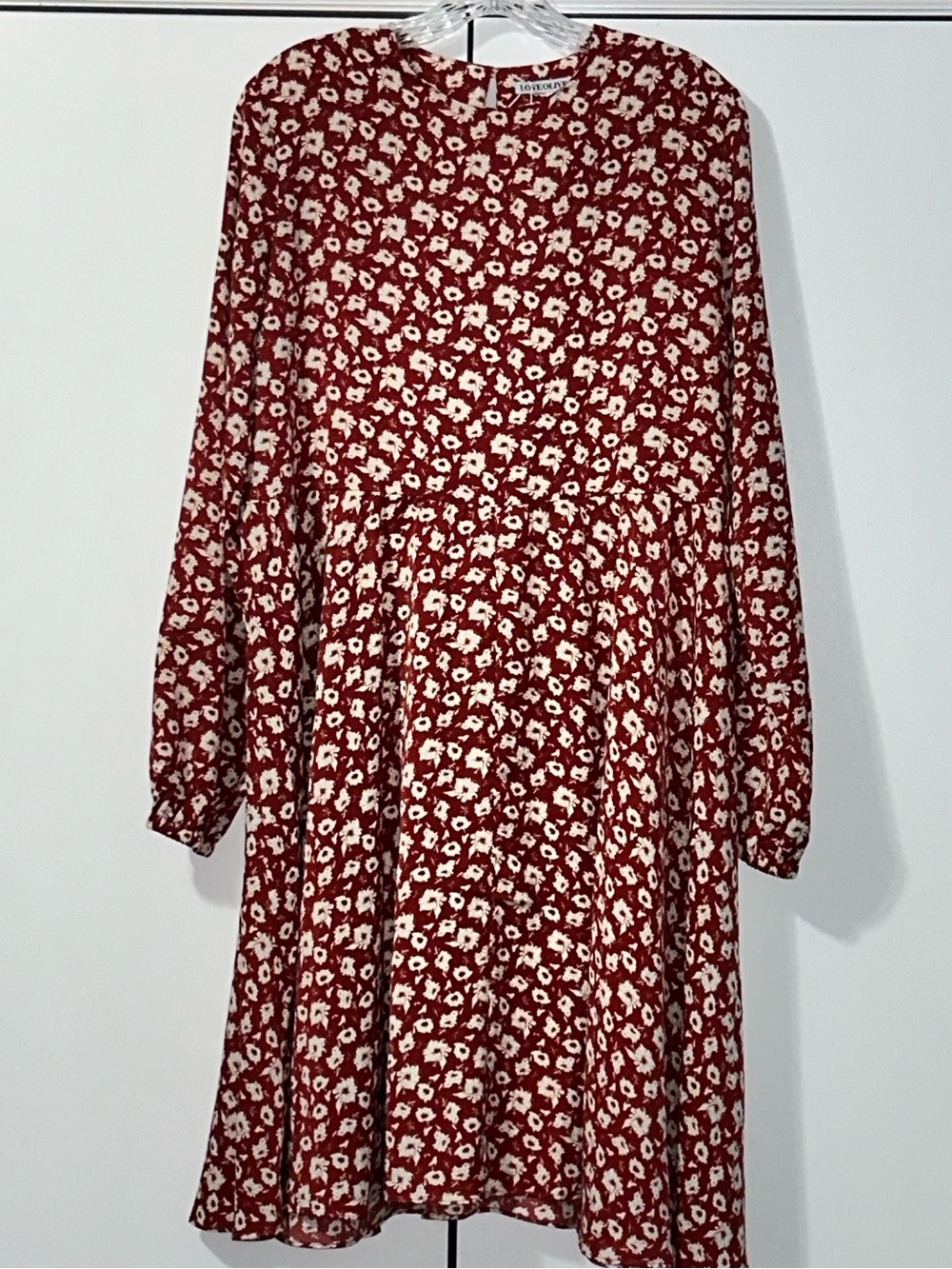 Love Olive- Flowy Red Floral Long-Sleeve Dress with belt
